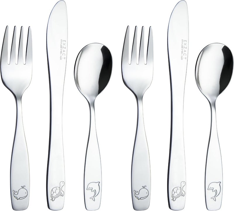 Exzact Children Flatware 6pcs, Stainless Steel Kids Silverware Toddler, Dishwasher Safe, BPA Free, 24M+, Engraved Ocean Creatures Dolphin, Turtle, Whale - Image 1